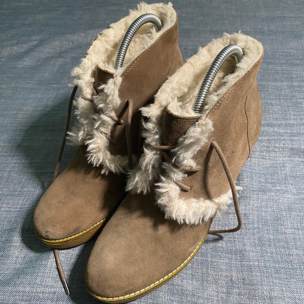 Gap Women's Brown Suede Wedge Ankle Boots with Fuzzy Sherpa Lining Lace Up